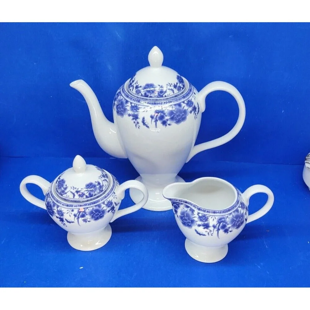 Baum Brothers Formalities Blue Rose Coffee Pot  Sugar & Creamer Set
